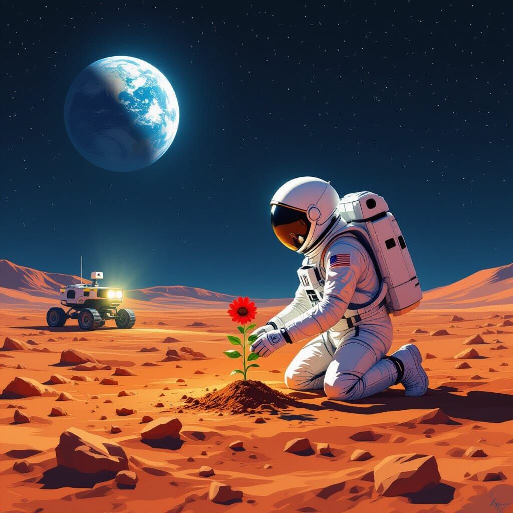 Astronaut Plants Flower on Mars, Earth in Sky