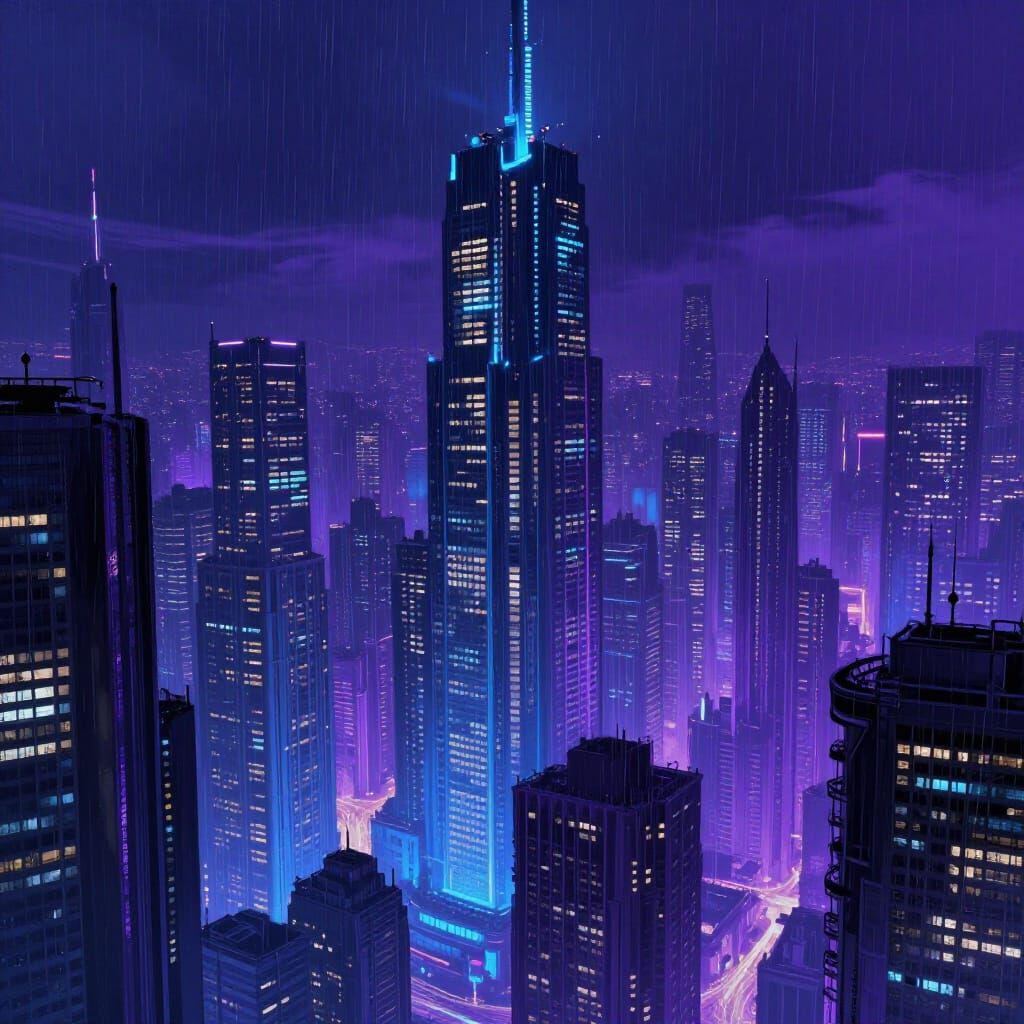 Futuristic Cityscape at Night in Neon Glow