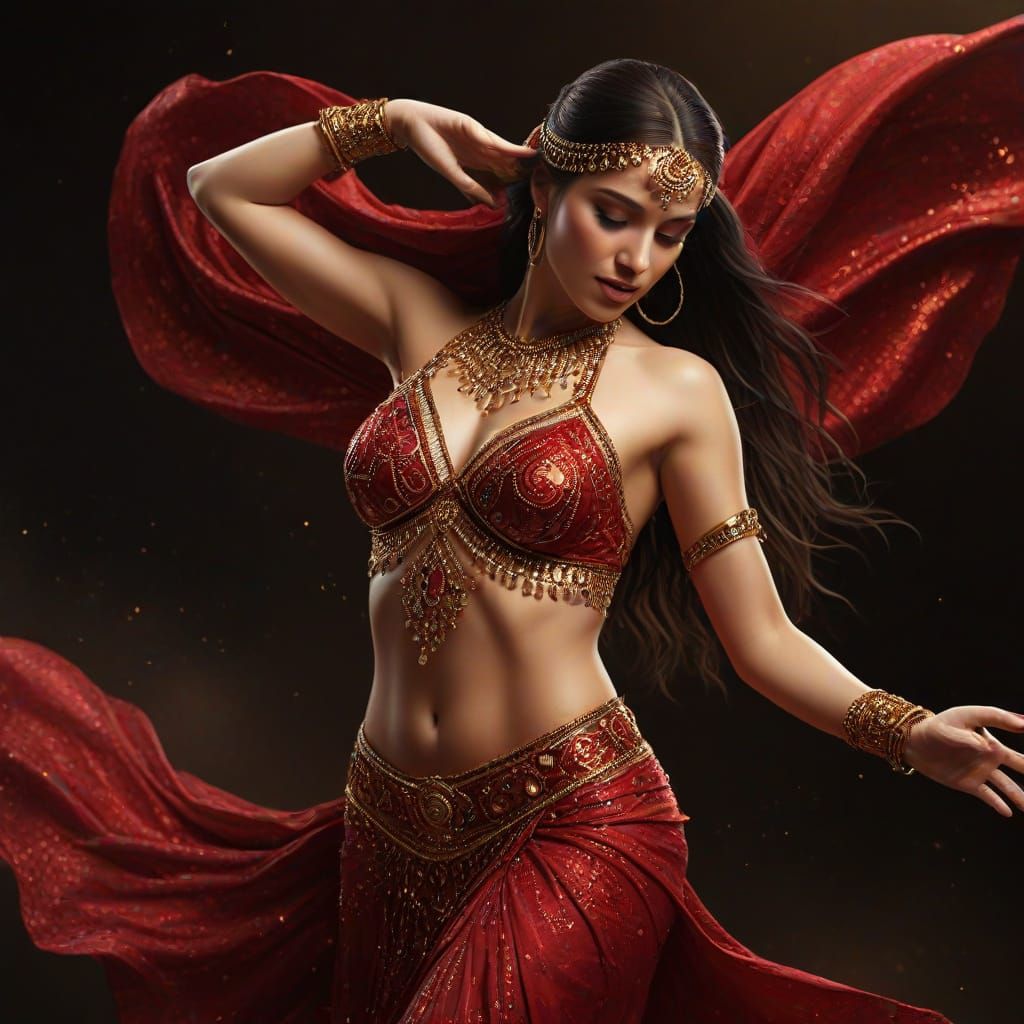 Dazzling Belly Dancer in Flowing Red Fabric, Digital Art