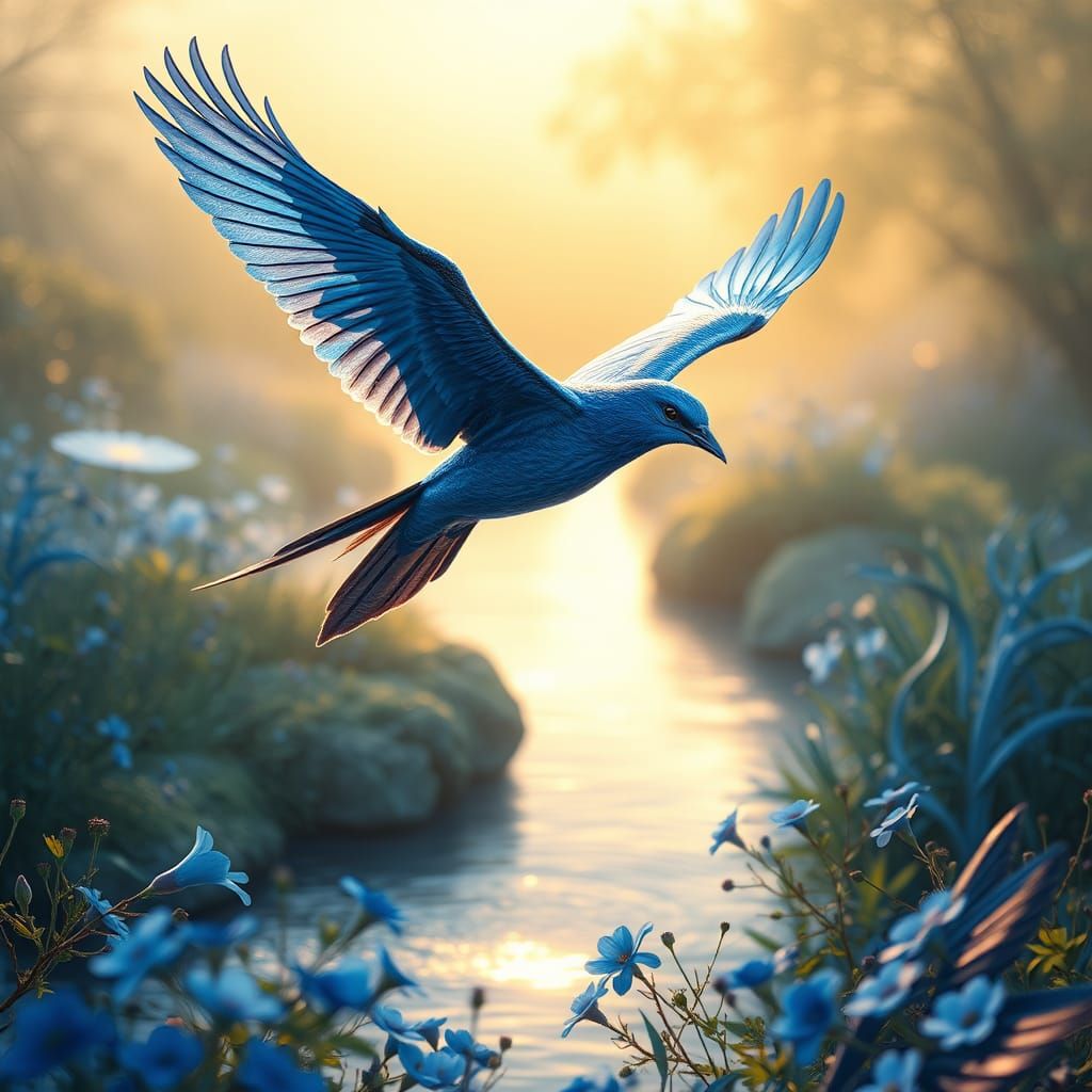 Majestic Blue Bird Soaring Above Luminous River