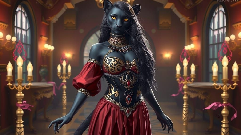 Sultry Tabaxi Seductress in Golden Lamplight