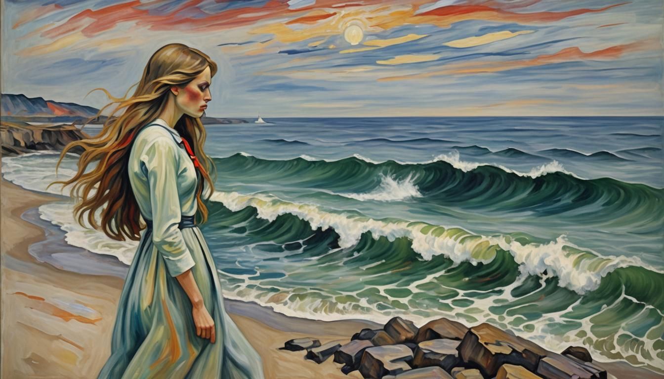 Anguished Girl Weeping on Desolate Shore in Expressionist St...