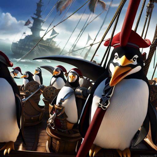 Penguin Pirates on a Pirate Ship