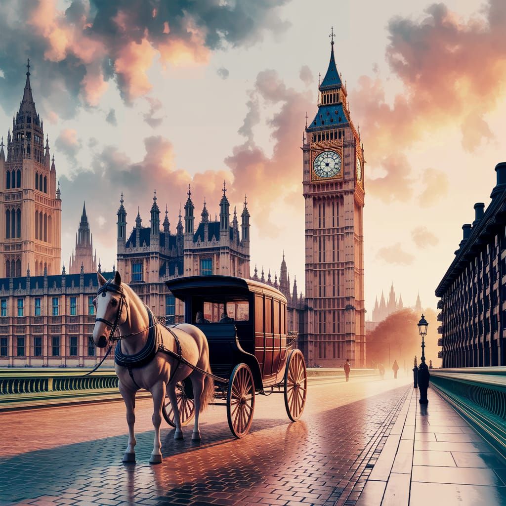 Carriage at Big Ben: Digital Watercolor Painting