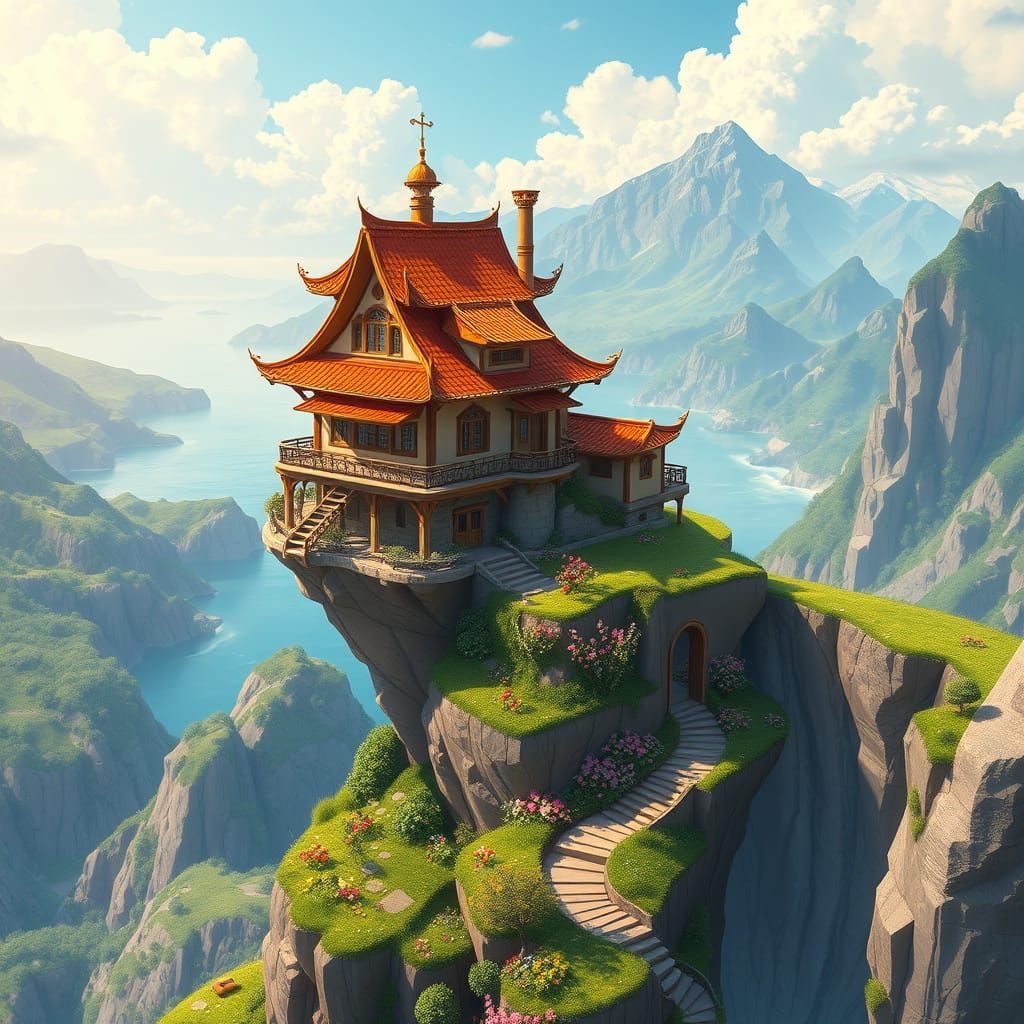 Whimsical Korean Fantasy House on Floating Cliff