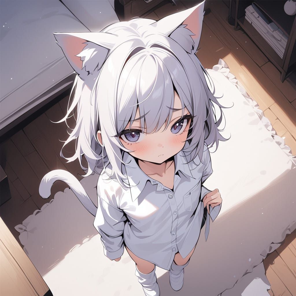 Adorable Girl Stares Down with Fierce Expression in All-Whit...