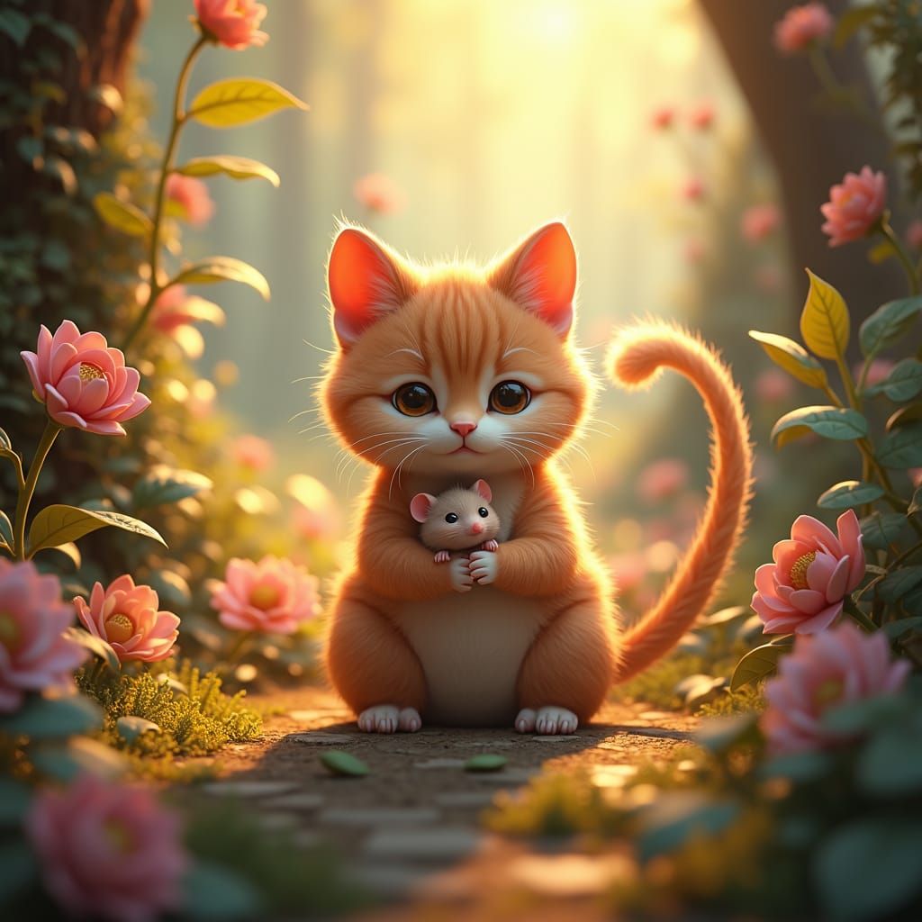 Enchanted Cat Embracing Mouse in Mystical Realm