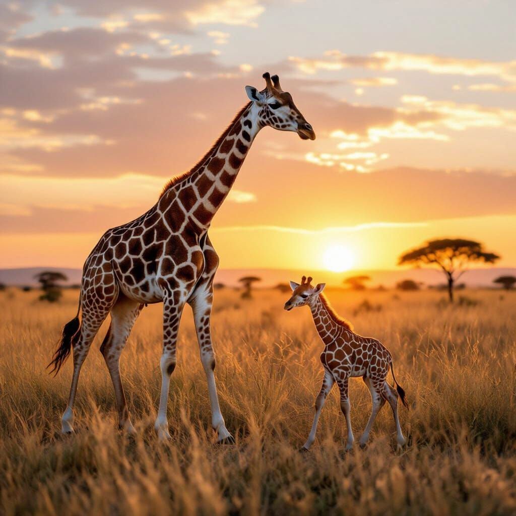 Giraffe Family on African Savanna at Sunset
