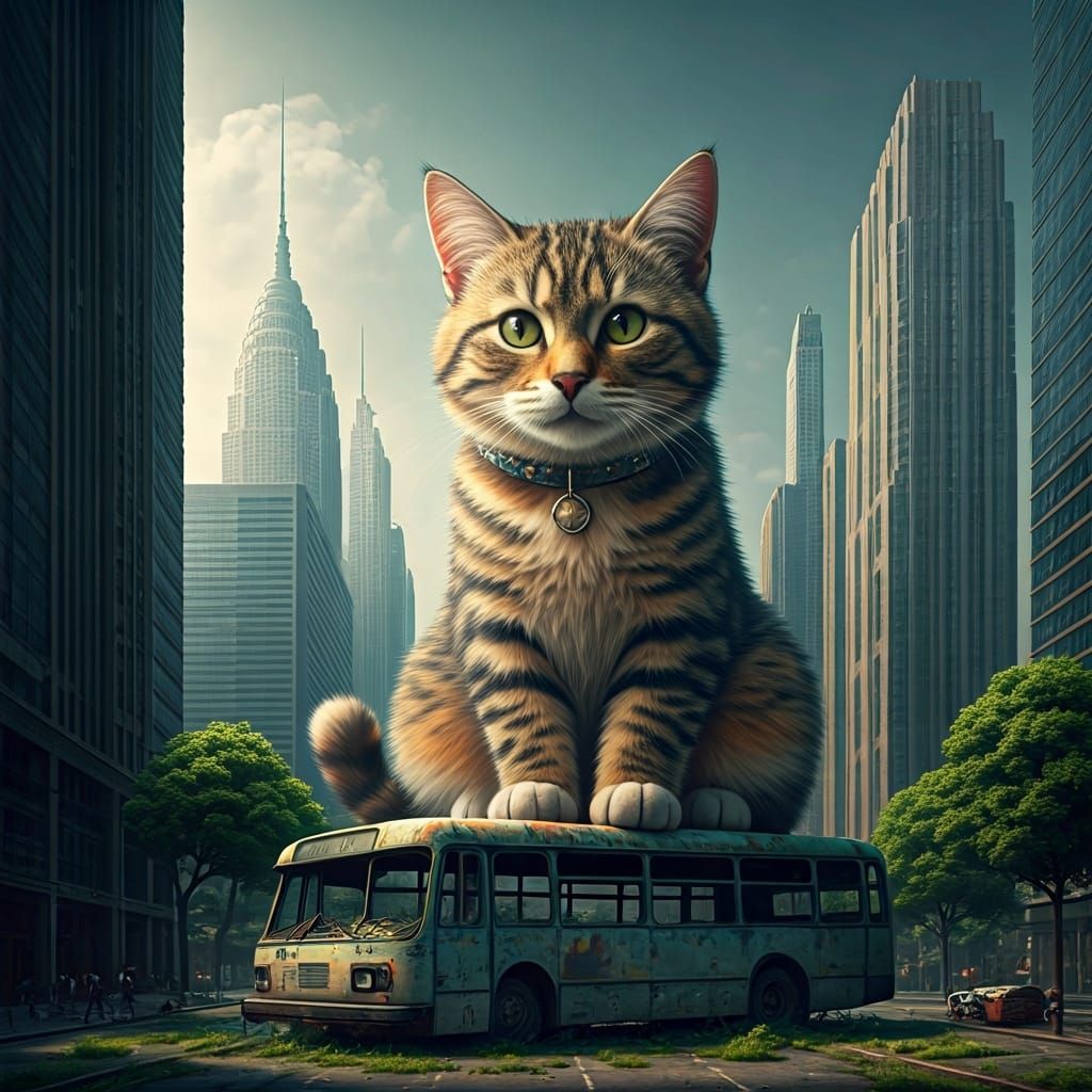 Giant Tabby Cat on Ruined Bus, Realistic Rendering