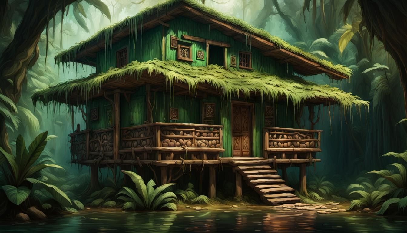 Vibrant Woodhouse in Aztec Jungle, Eyes Glow Green, Mouth Ag...