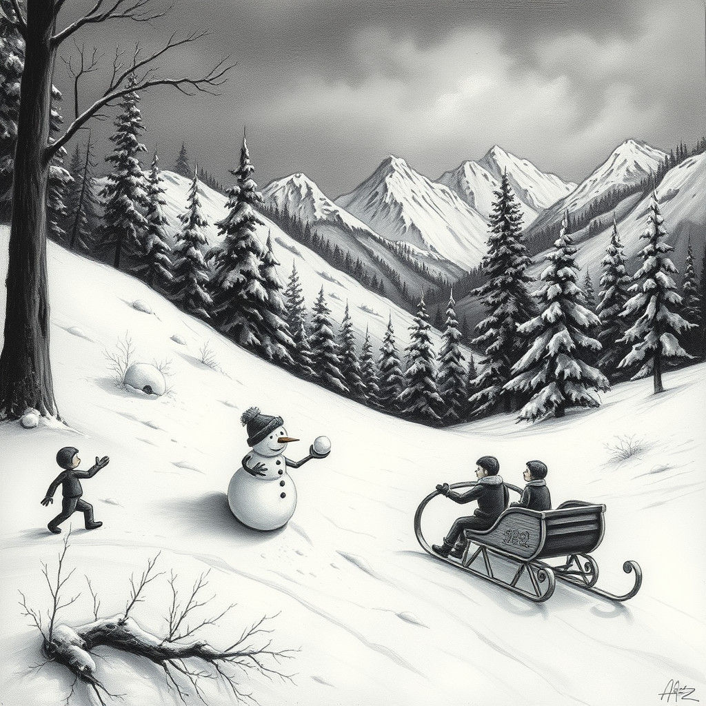Winter Landscape with Snowball Fight in Charcoal Style