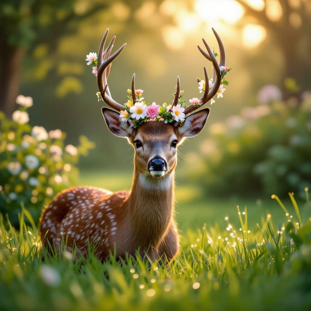 Majestic Deer with Flower Crown at Dawn