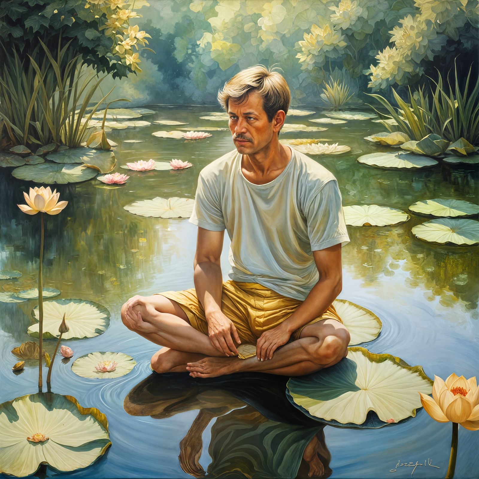 Man Meditating on Lotus Flower in Carp Pond