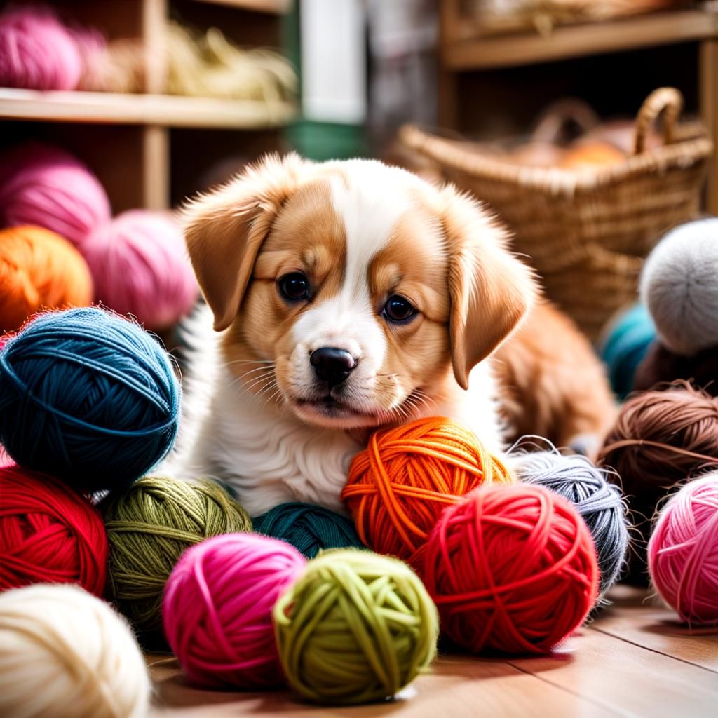 Puppies and Kittens Play Together With Wool Balls