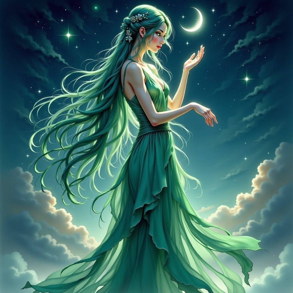 Mystical Anime Woman with Crescent Moon