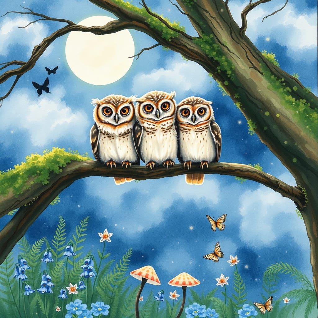 Amber-Eyed Owlets in Moonlit Watercolor Glade