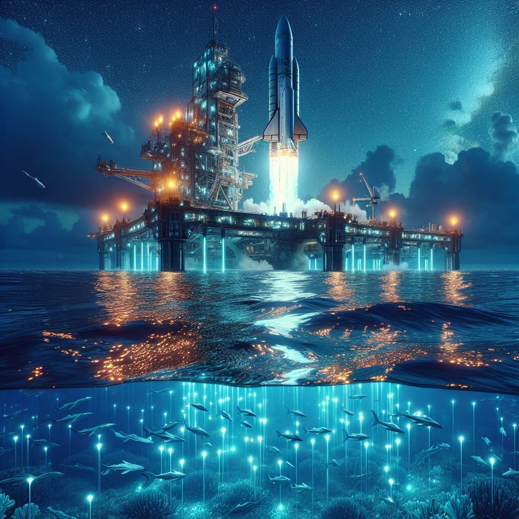 Sci-Fi Rocket Launch from Sea Platform