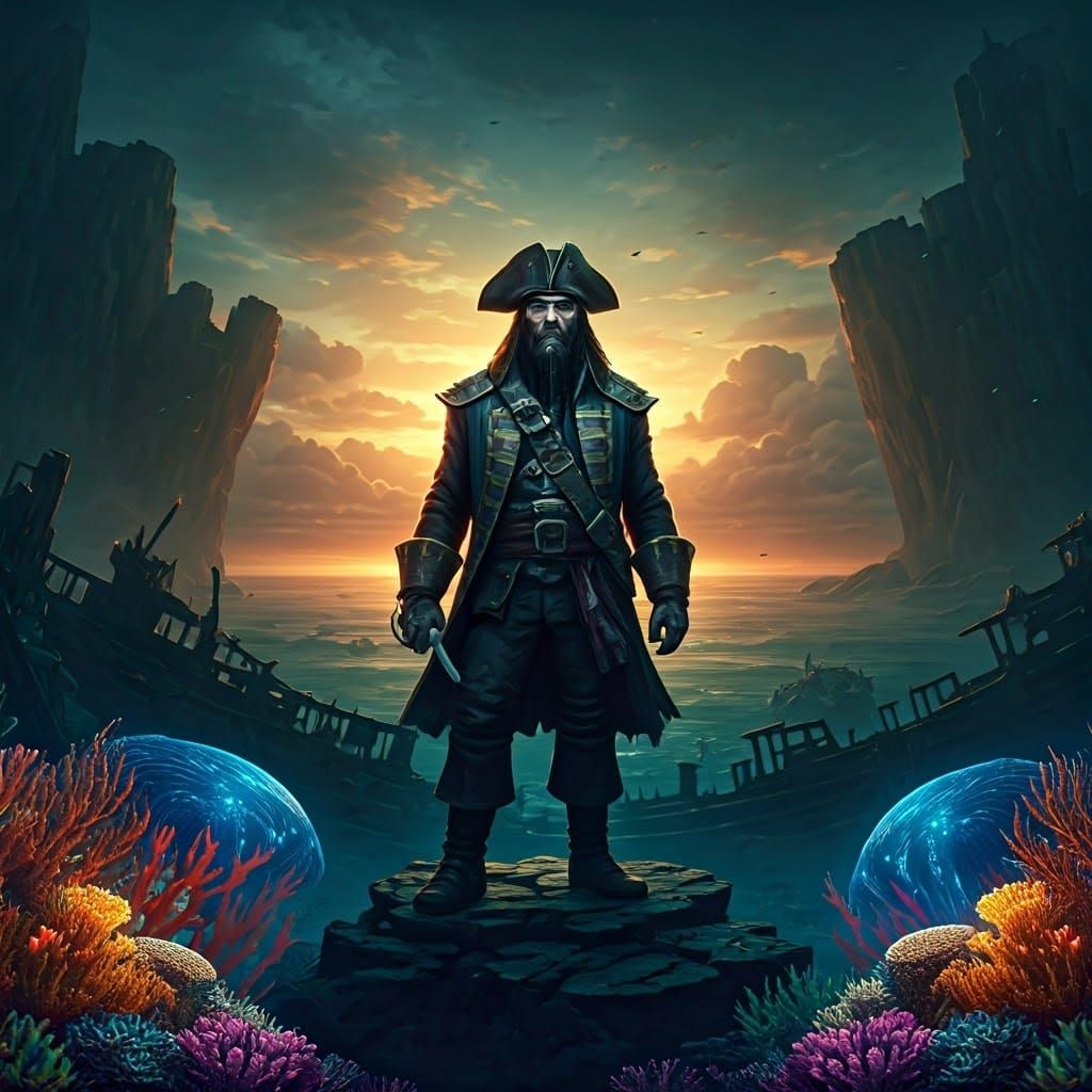 Blackbeard in Sunken Shipwreck: Fantasy Matte Painting