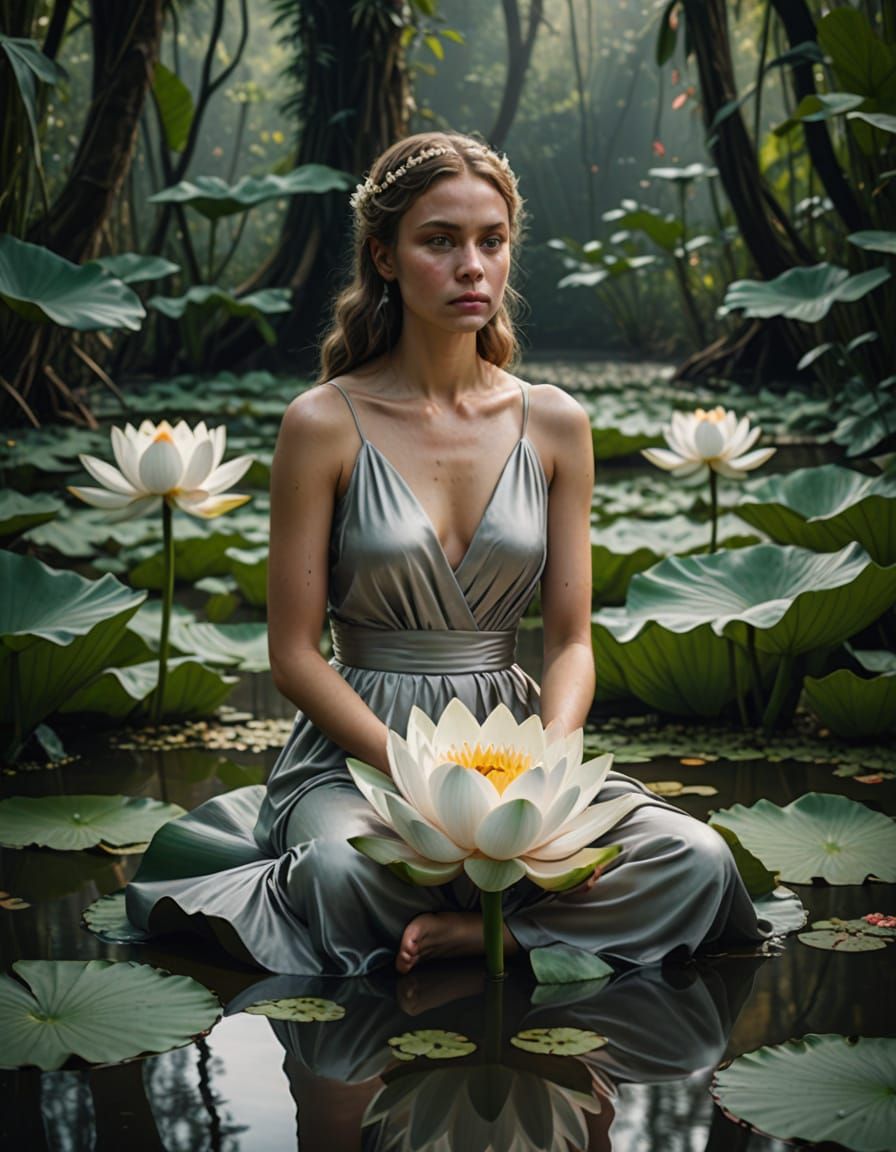 Exotic Slavic Goddess Amidst Lotus Bloom