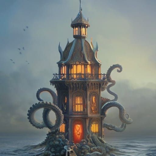 Seaside Castle with Tentacle Ornament in Digital Art