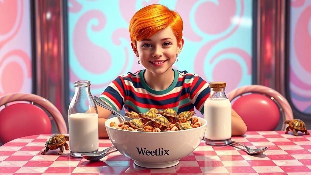 Surreal Futuristic Breakfast with Turtles and Whimsical Trea...