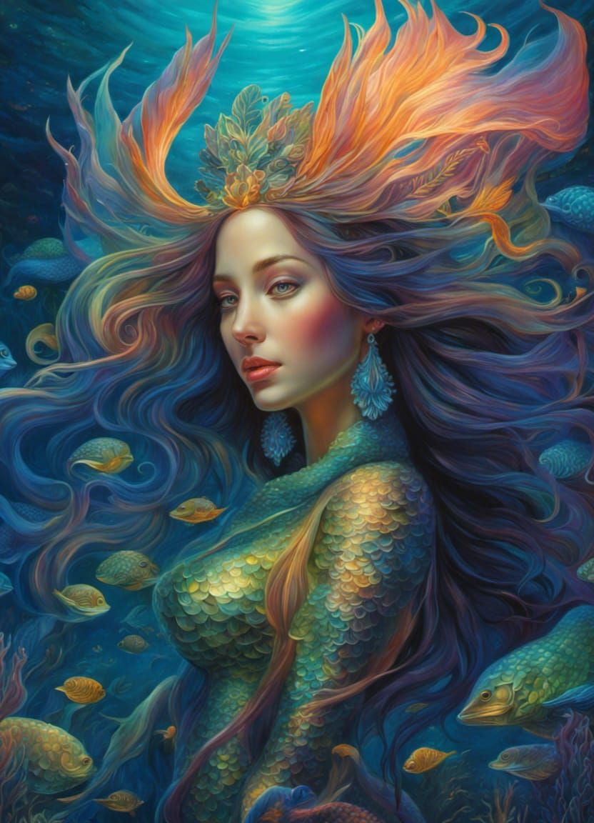 Bioluminescent Mermaids in a Digital Oil Painting