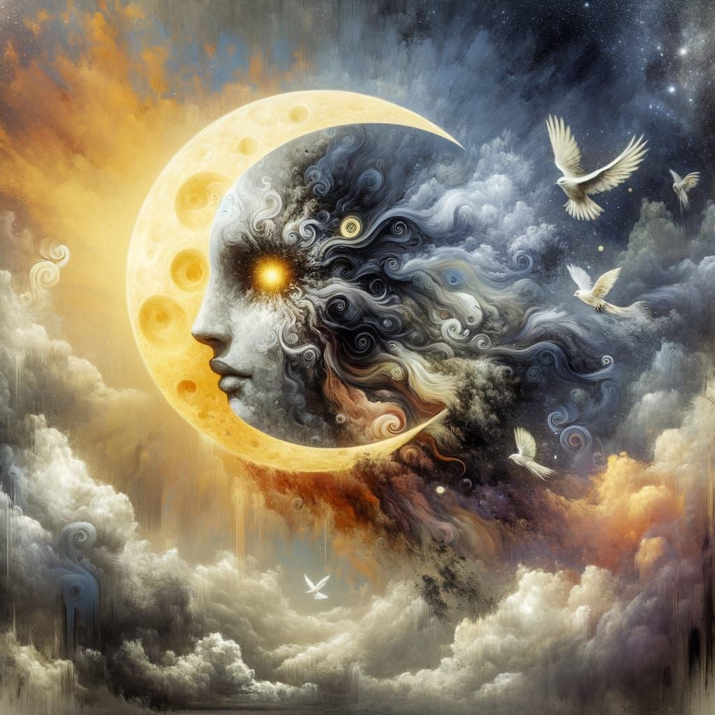 Celestial Fusion: Moon Reveals Sun in Impressionist Style