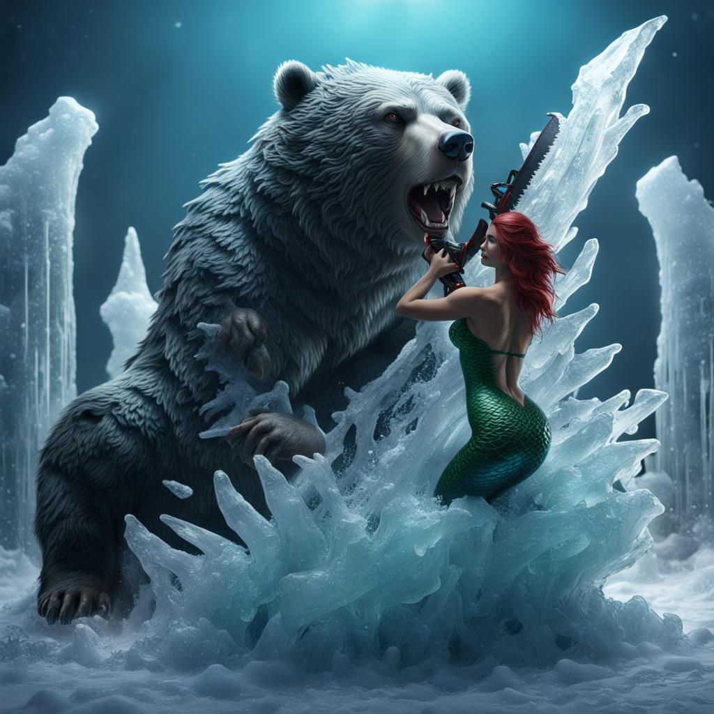 Bear Chainsaw Ice Sculpture Mermaid: Fantasy Concept Art