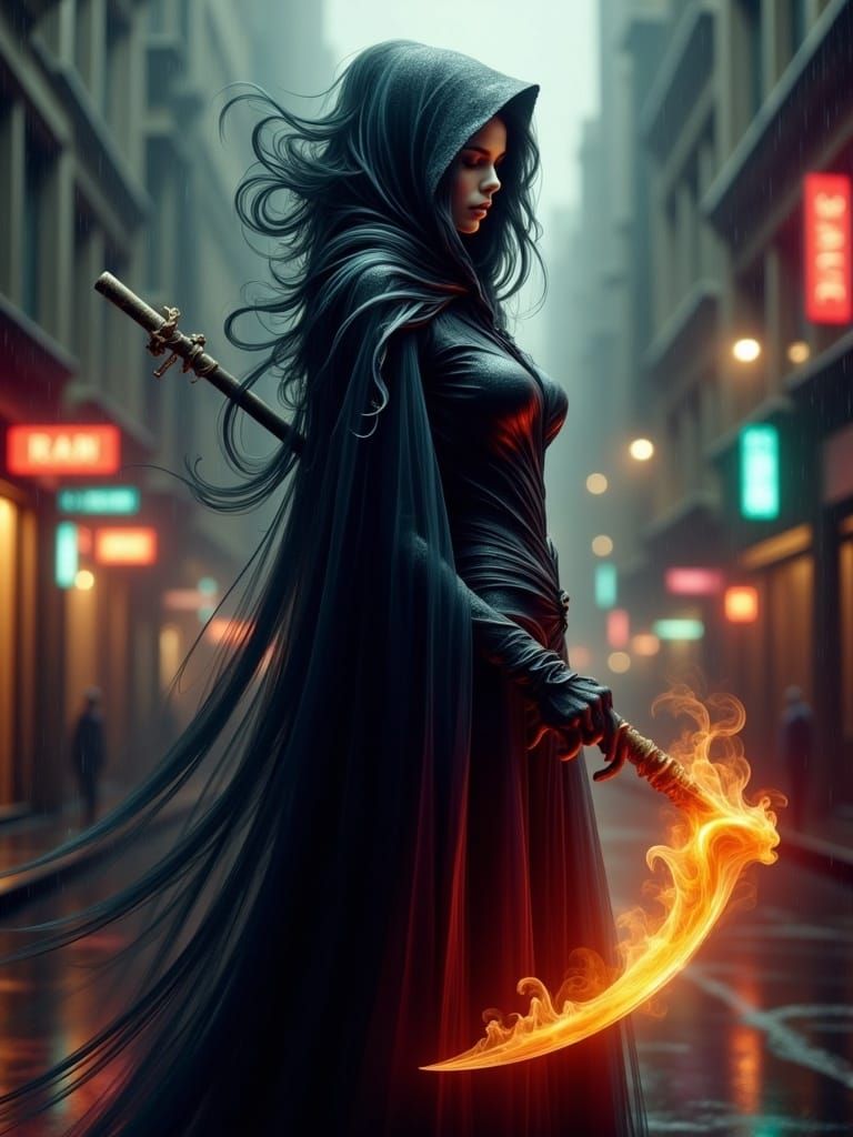 Cyberpunk Grim Reaper with Fiery Scythe