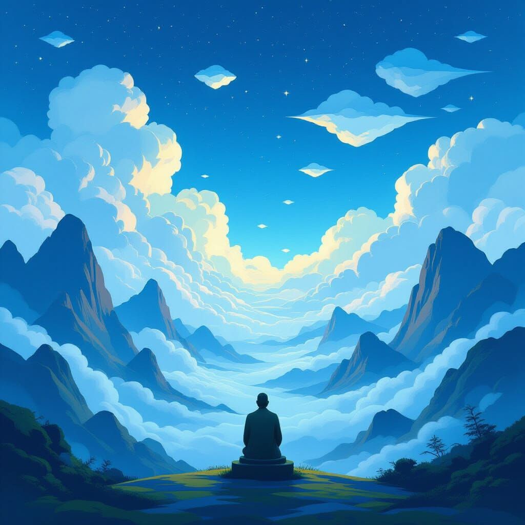 Dreamlike Azure Landscape with Geometric Shapes and Statue