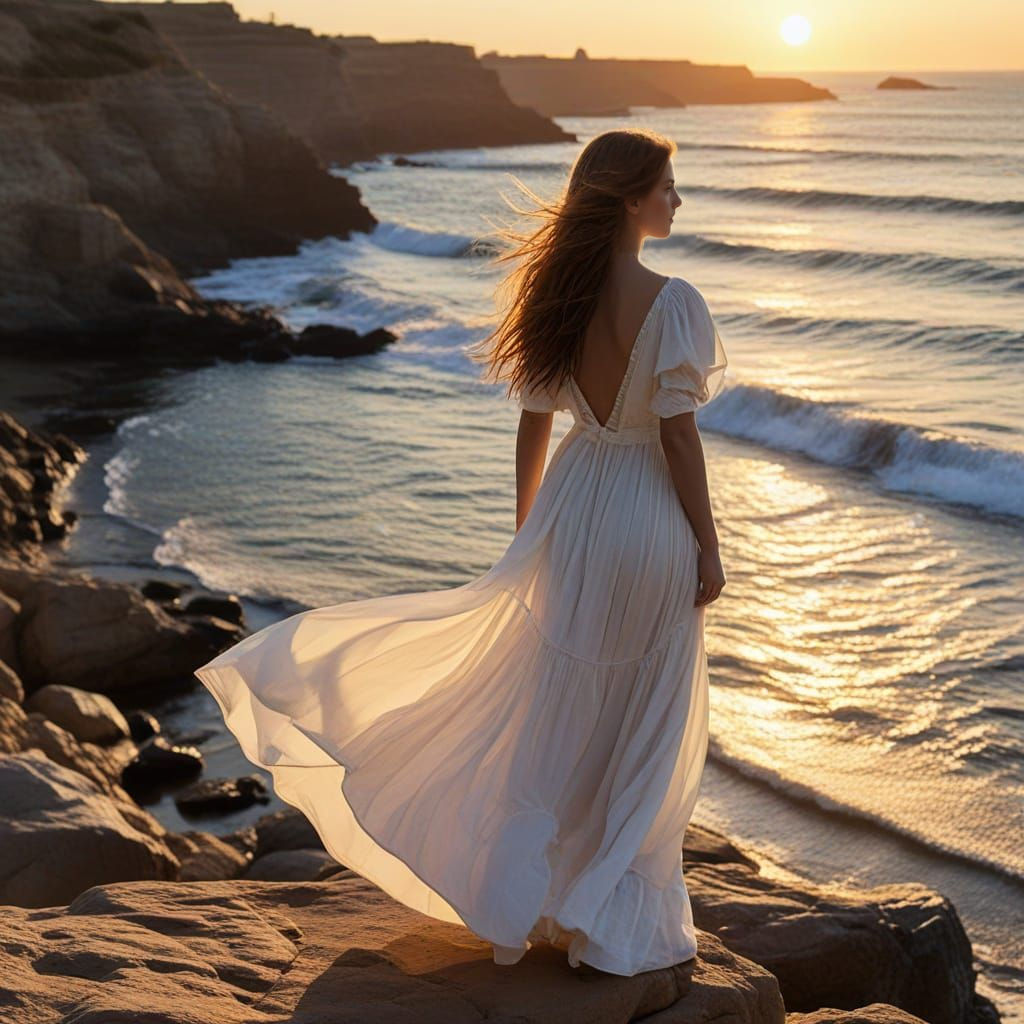 Auburn-Haired Woman on Rocky Coast at Sunset