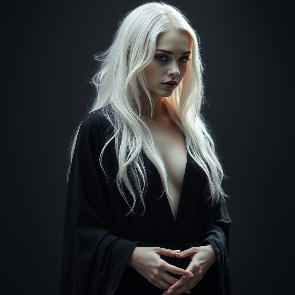 Ethereal Woman in Black Robe with Arachnid Body