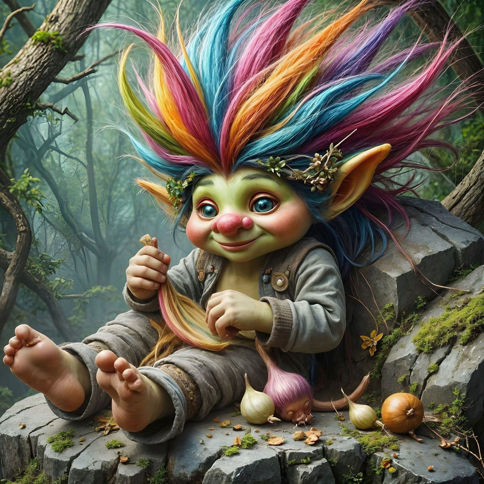 Cute Troll Relaxing on Stone, Eating Onion