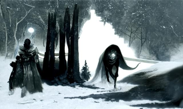 Ghostly Figure in Snowy Woods: Dark Fairytale Art