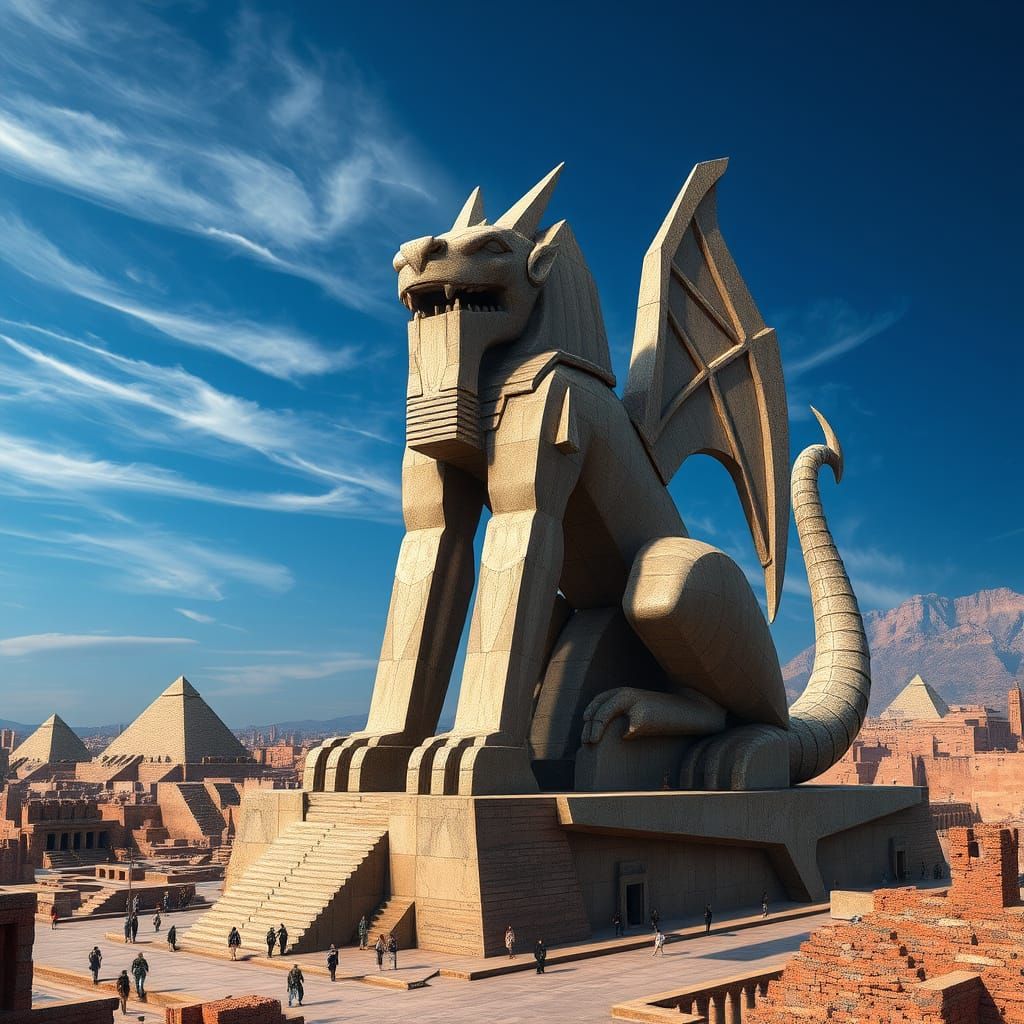 Babylonian Goddess Tiamat in a Cubist-Brutalist Monument