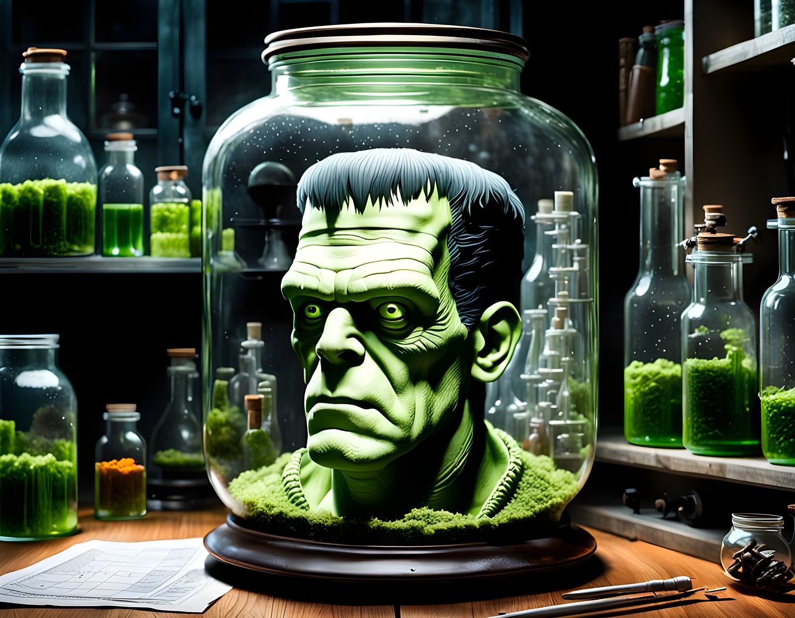 Frankenstein's Monster Head in Lab: Detailed Scene