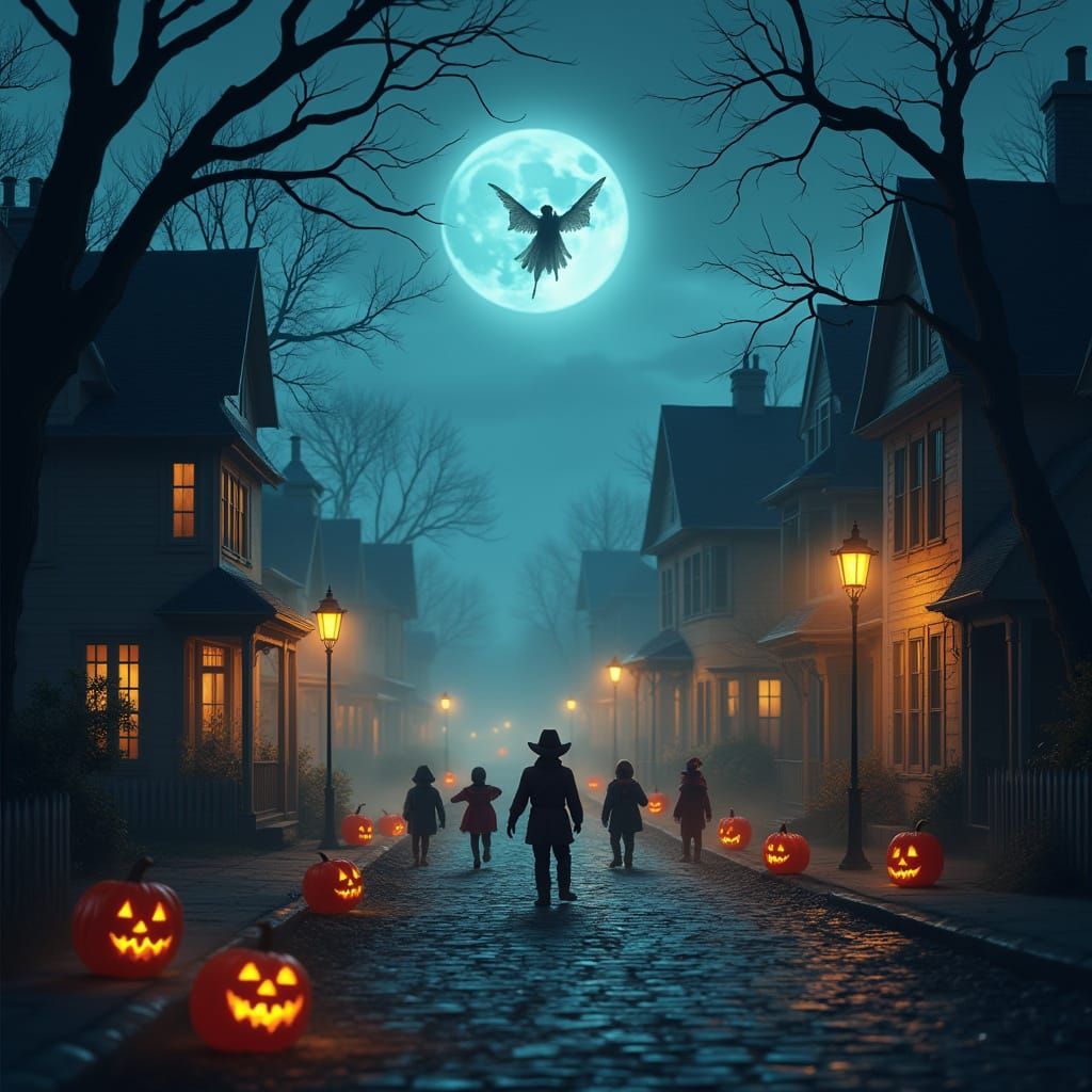 Eerie Halloween Night in a Misty Small Town