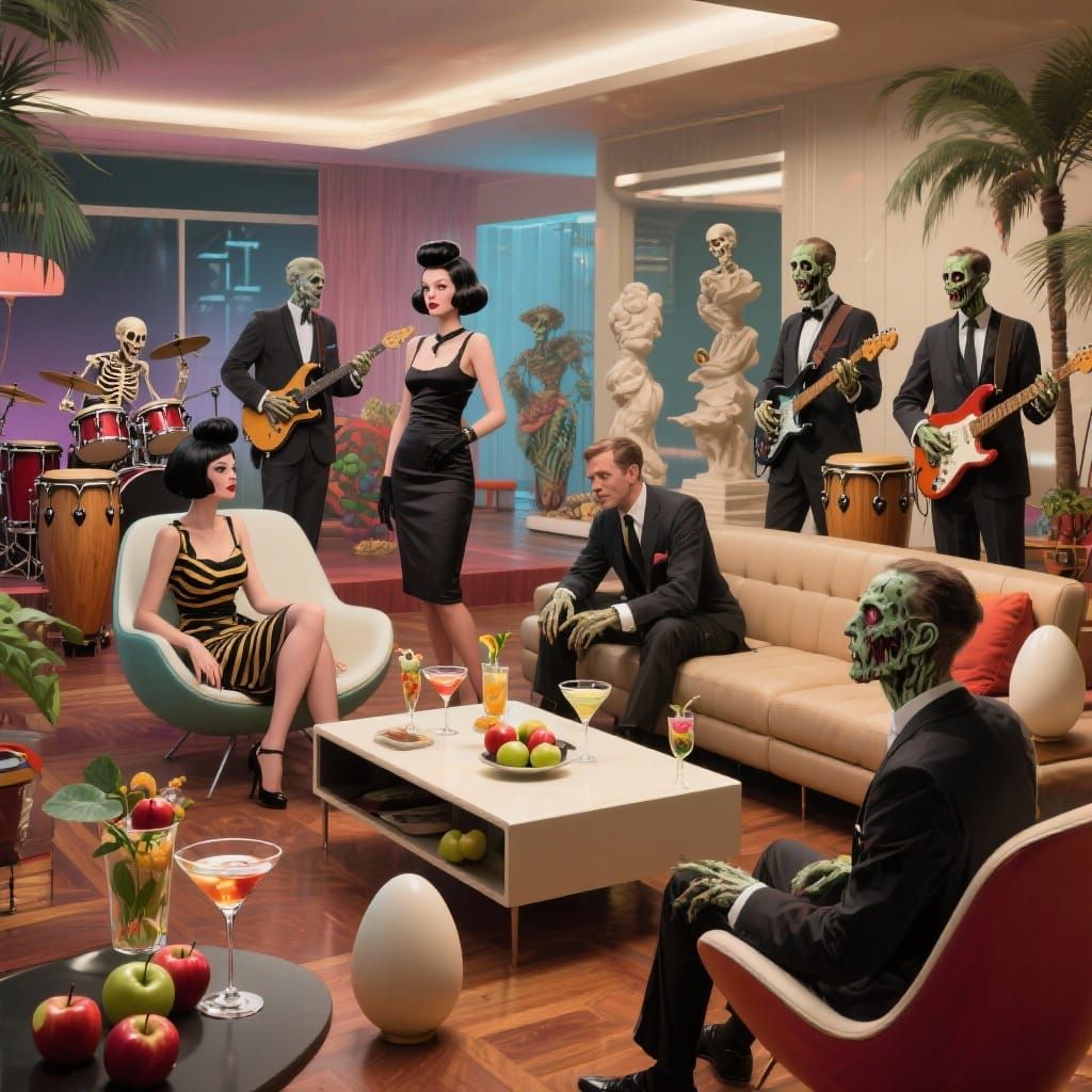 Mod Characters in Mid-Century Modern Interior with Bongo Dru...