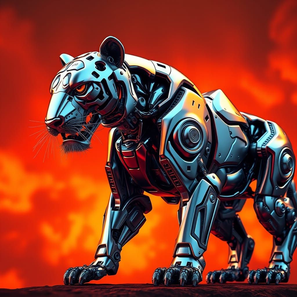 Glowing Chrome Robotiger on Burnt Orange Background