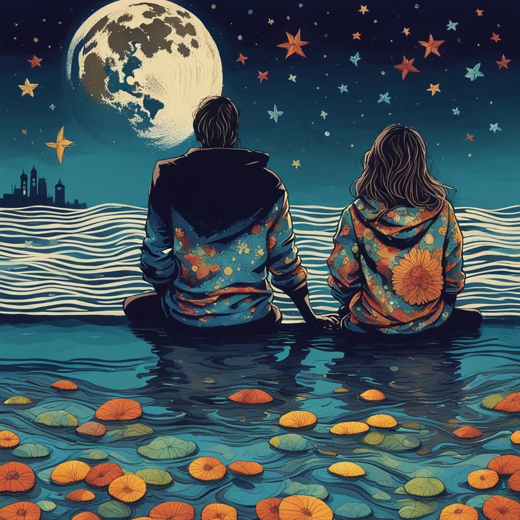Romantic Hippie Couple Embrace Under Moonlight