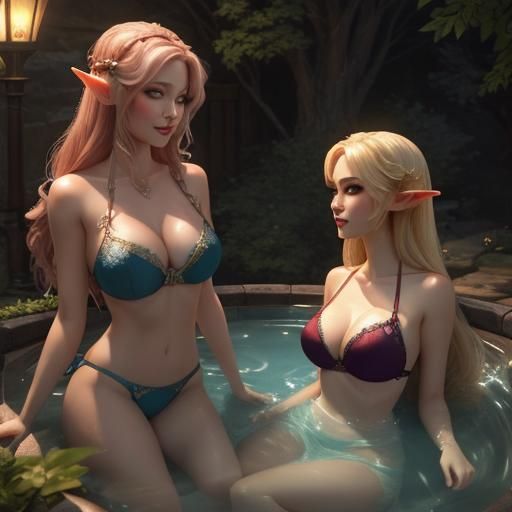 Elves Relaxing in a Hot Tub