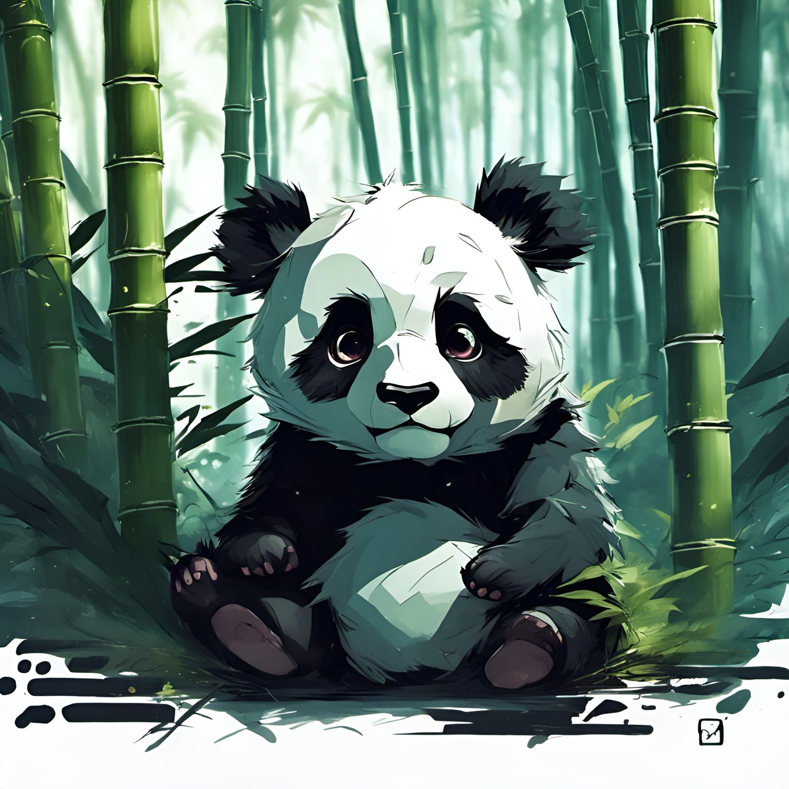 Chibi Ghost Panda in Moonlit Bamboo Forest