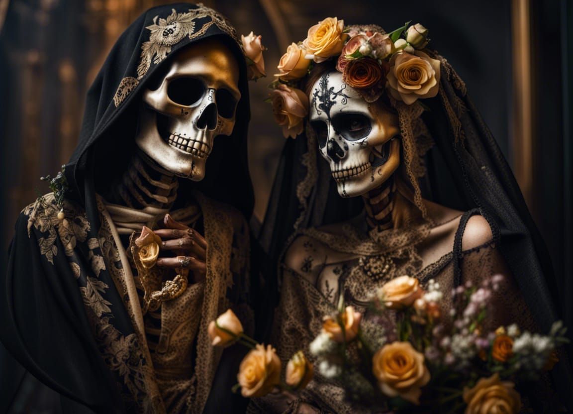 Decaying Skeletal Bride and Groom in Hell