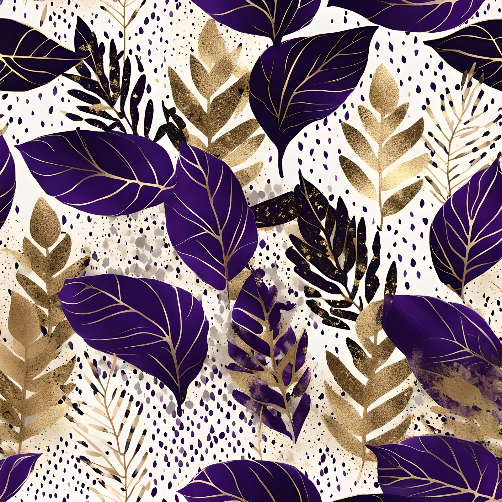 Monochrome Purple Leaf Pattern with Gold Glitter