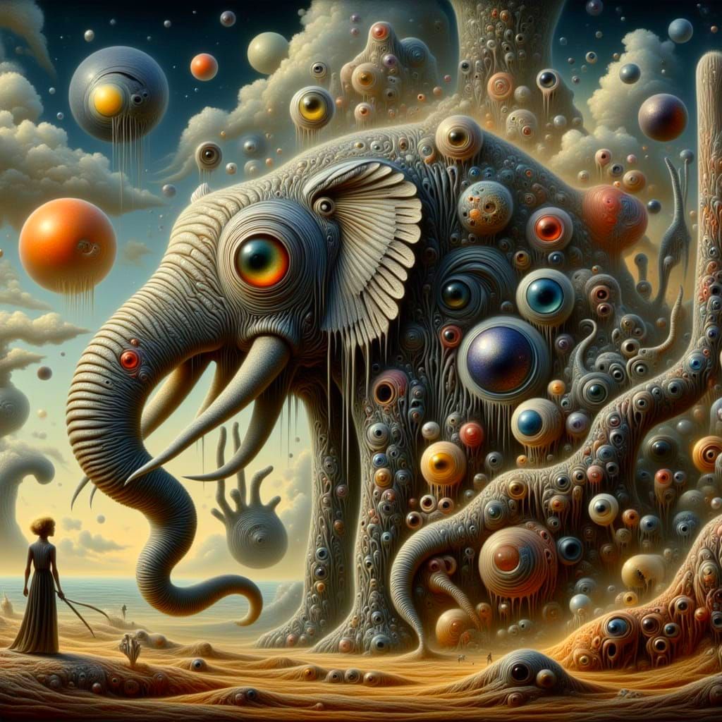 Woman Burdened by Elephant in Surreal Dark Fantasy