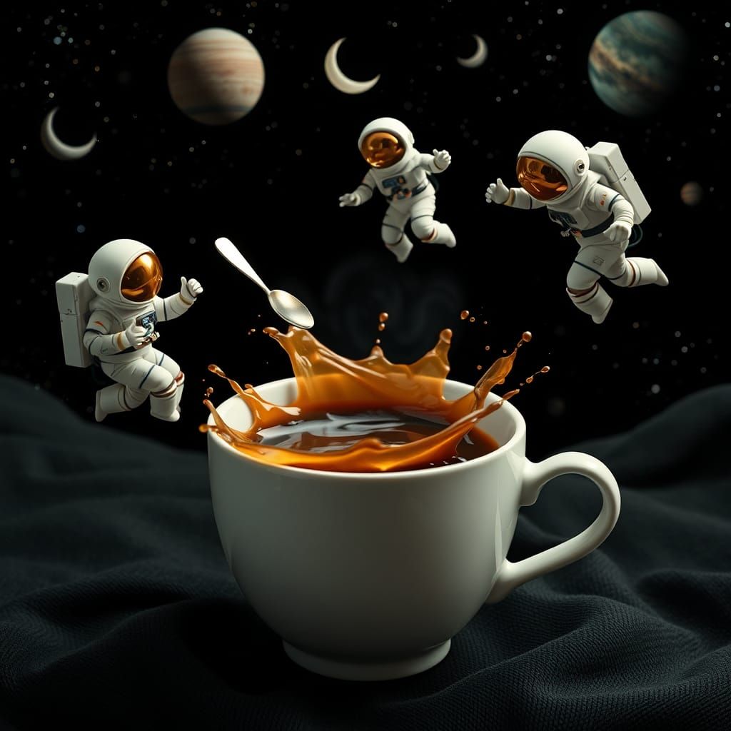 Astronauts Above Coffee Cup in Space