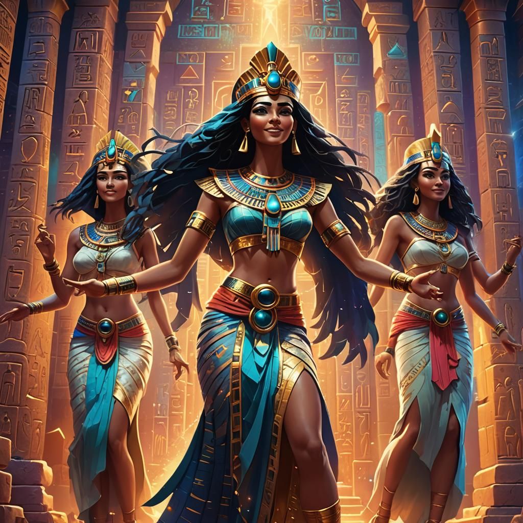 Egyptian Priestesses Dancing in a Colorful Temple