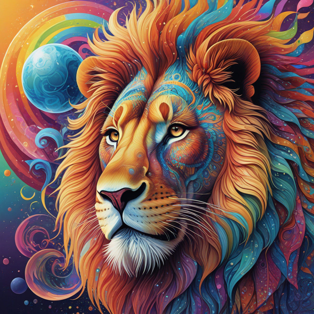 Vibrant Surrealist Lion in a Dreamlike Fractal Realm