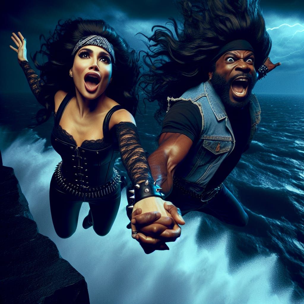 Ecstatic Heavy Metal Couple Soar Through Stormy Night Sky