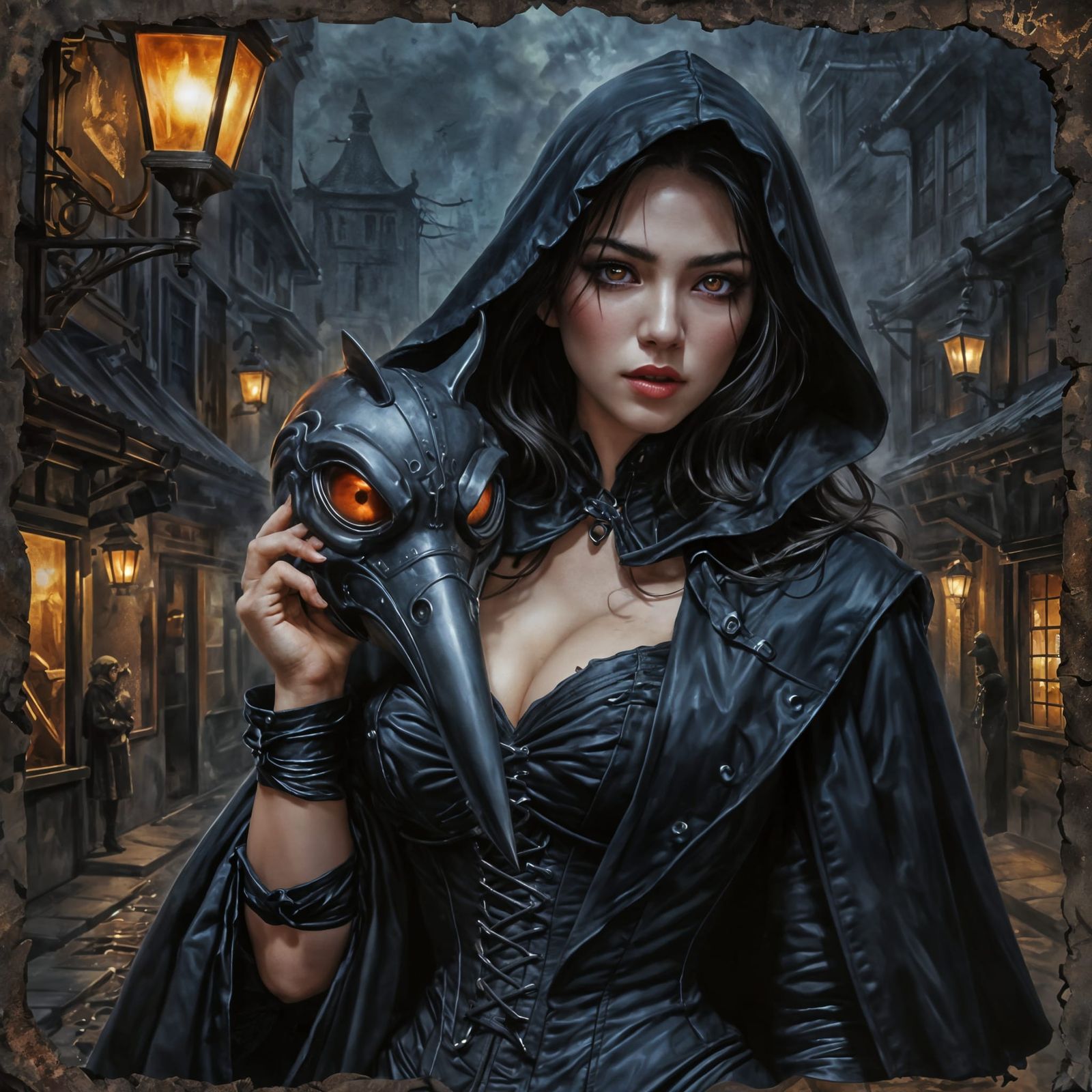 Gothic Fantasy Bombshell in Urban Alley Oil Painting